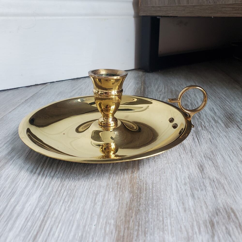Vintage Gold Brass Candle Holder Stick Ring Thumb Grip Handle